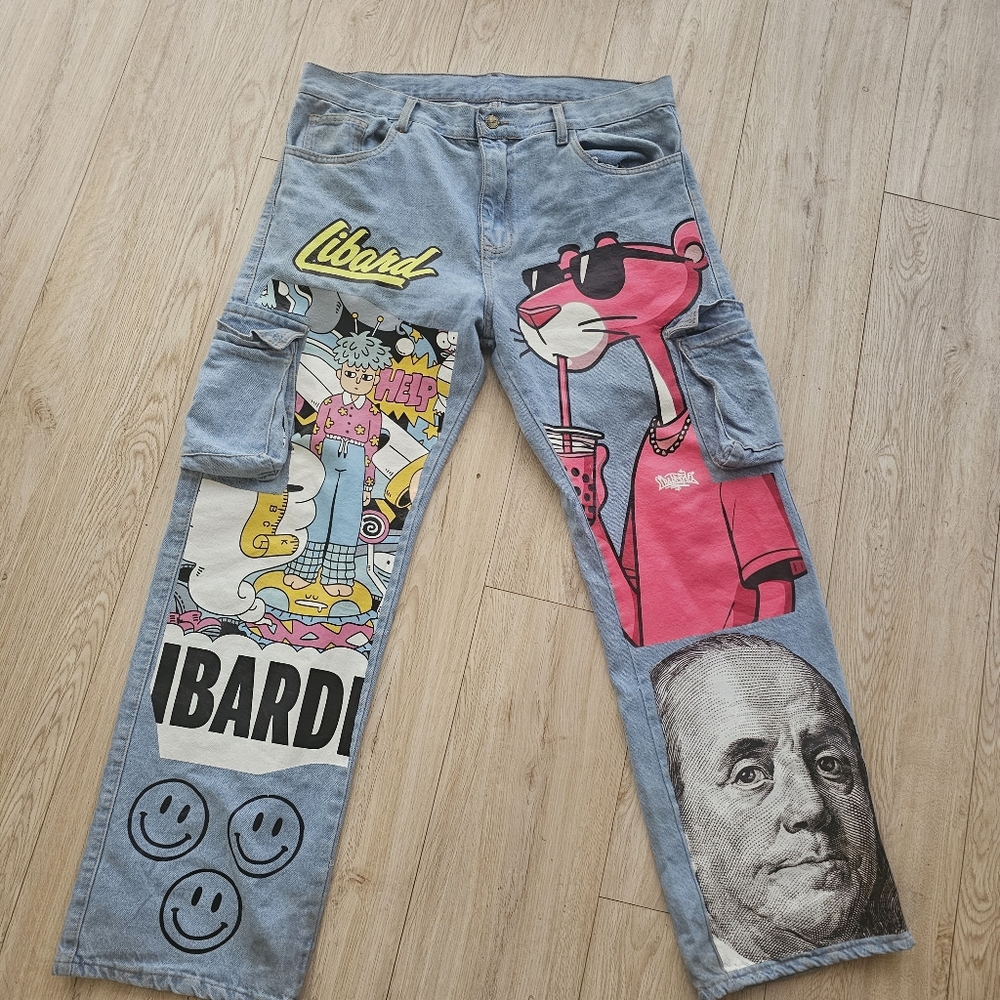 Colorful Graphic Jeans with Cartoon and Portrait Prints